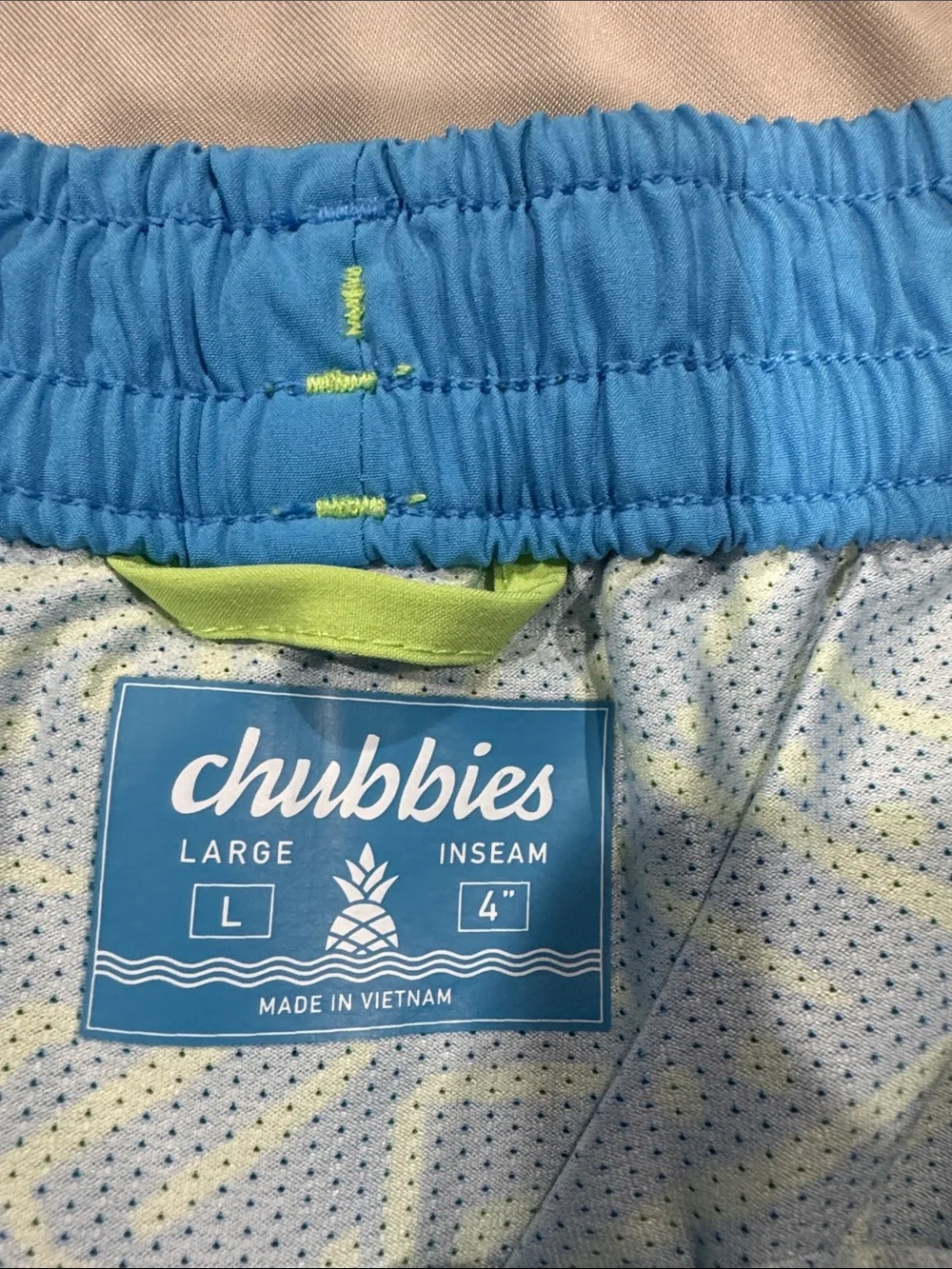 Men's Chubbies 4” Bright Lime Green Swim Trunks with Contrast Blue Waistband
